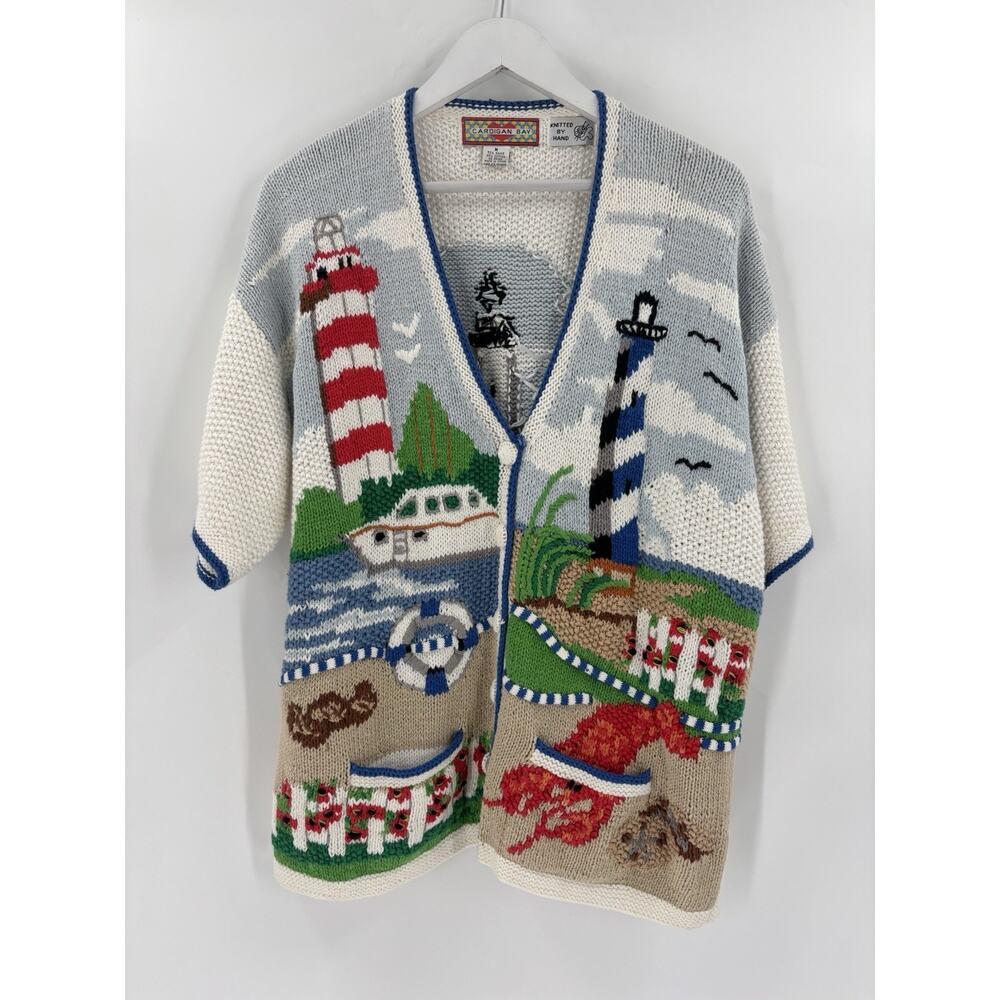 Vintage Cardigan Bay Sweater Womens Medium Hand Knit Lobster Lighthouse Nautical